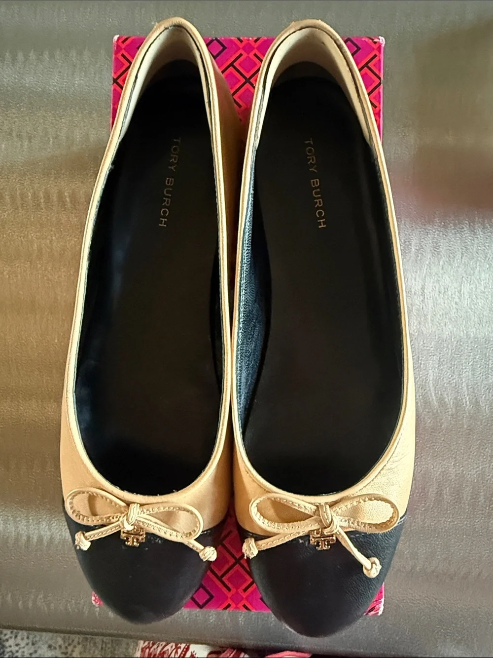 Tory Burch Two-Tone Black and Beige Cap Toe Leather Ballet Flats